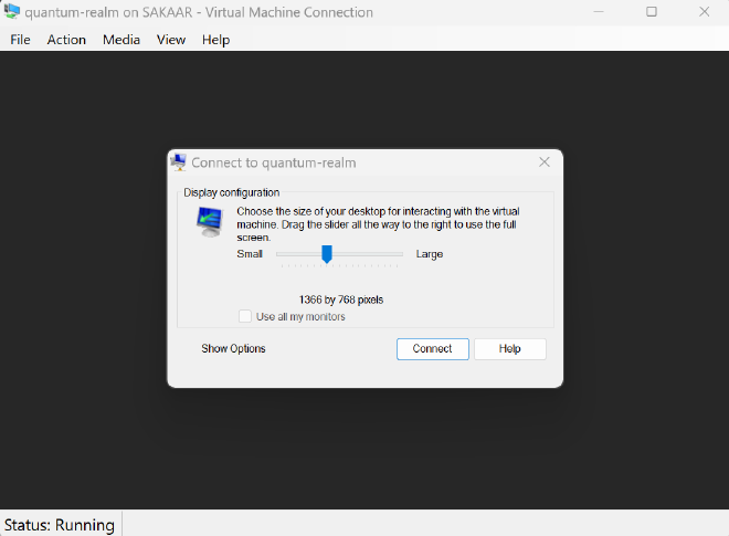 Hyper-V user interface showing a pop-up prompting the user to select a
display size for the virtual machine.