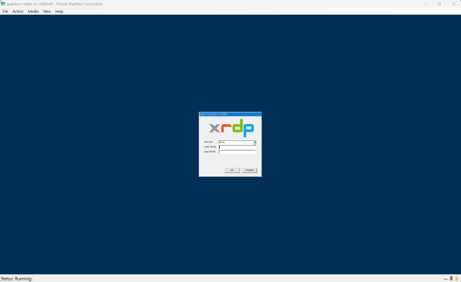 Hyper-V user interface showing an xRDP login window prompting the user for a
username and password to RDP into the virtual machine.