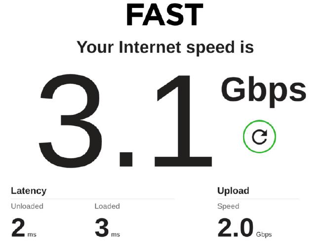 An internet speed test showing 3.1 Gbps download and 2.0 Gbps upload.